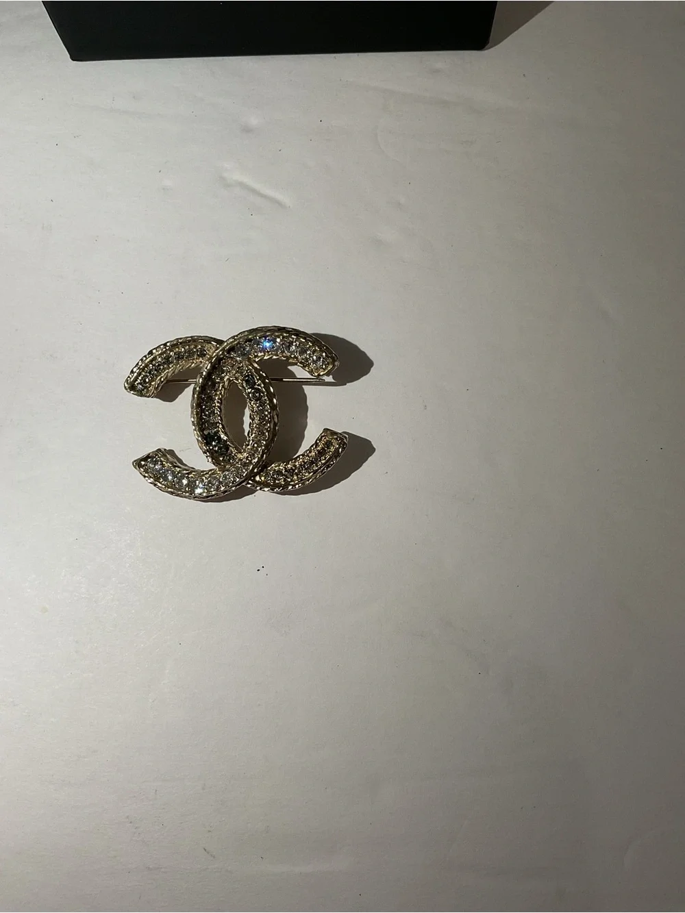 CHANEL Gold Tone Crystal CC Logo Brooch Vintage